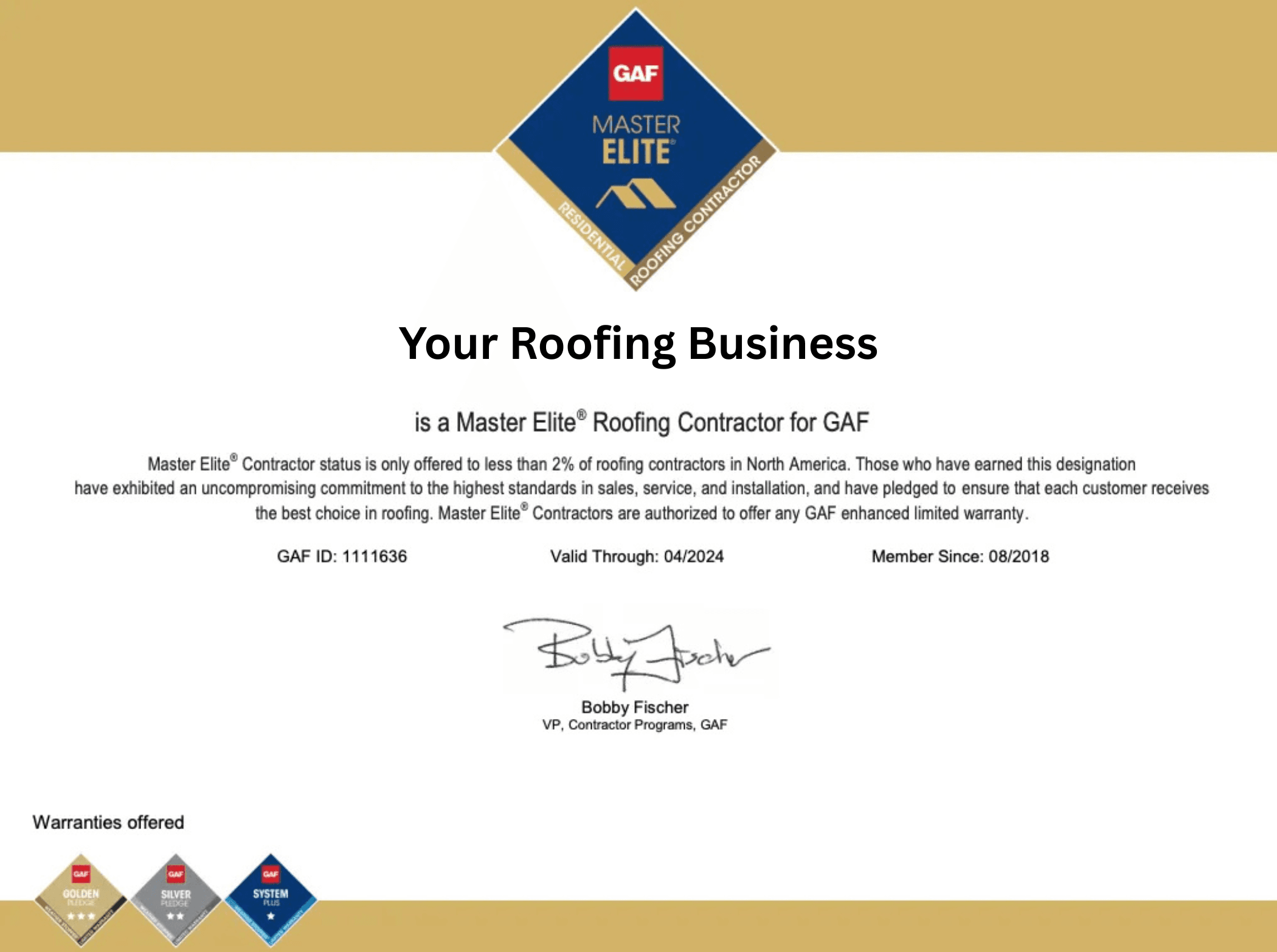 GAF warranty certificate - GAF certified contractor