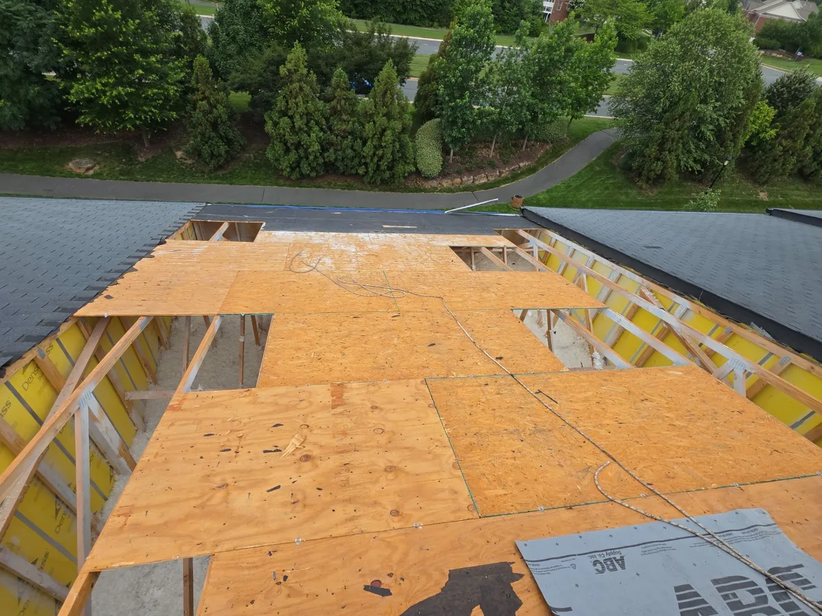 Roof decking exposed after tear-off in Brambleton, VA