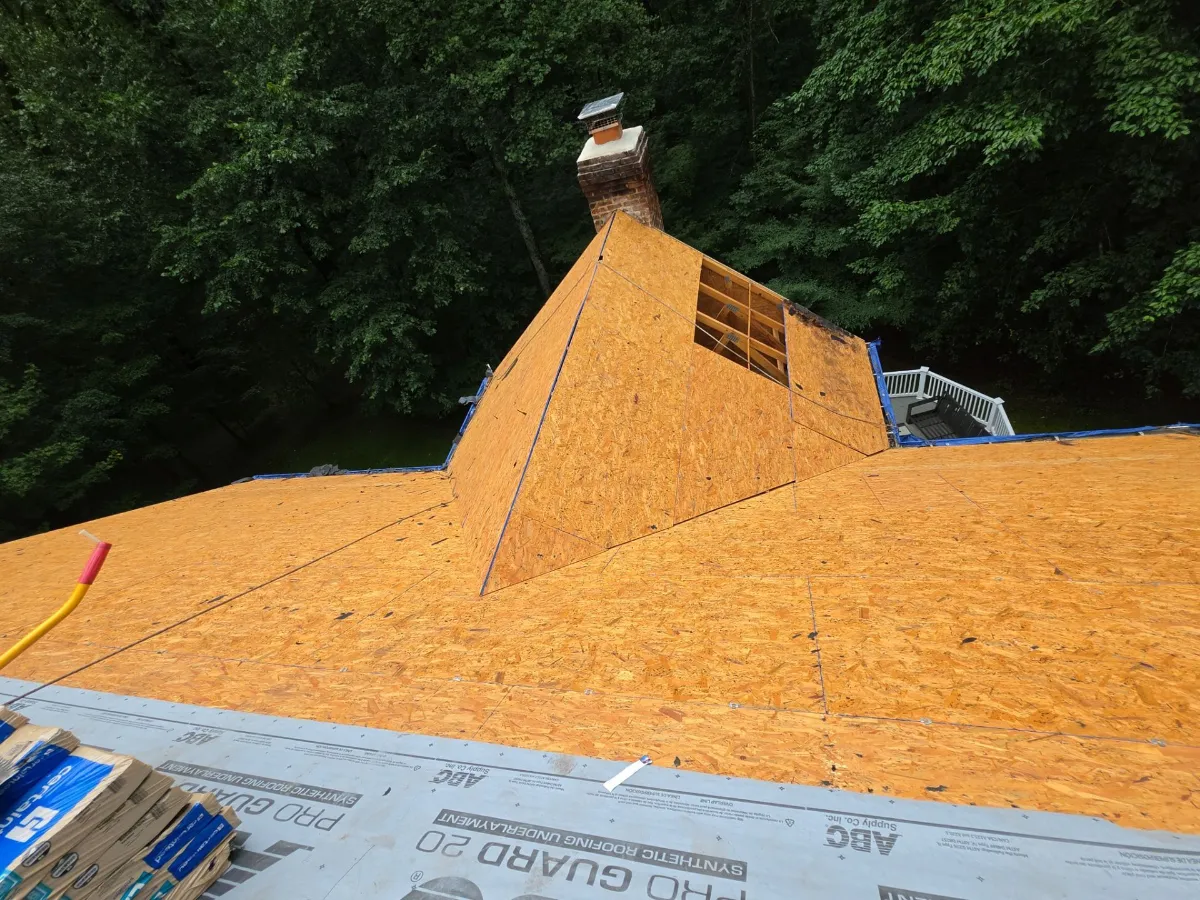 New plywood decking installed on a Leesburg, VA roof replacement
